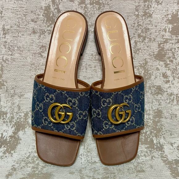 Gucci Jolie Double G Denim Logo & Cognac Leather Slides - Picture 9 of 13